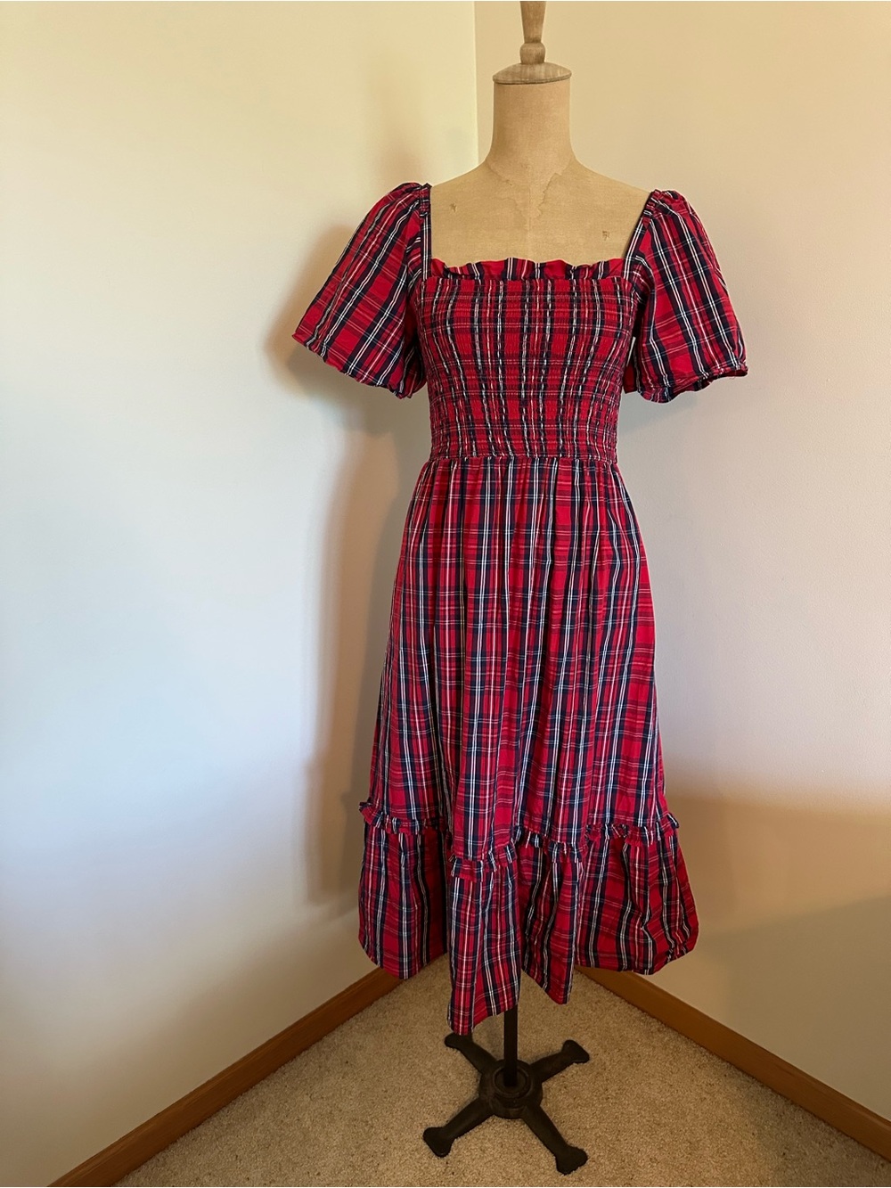 Draper James XS Red Plaid Smocked Midi Dress with Puff Sleeves